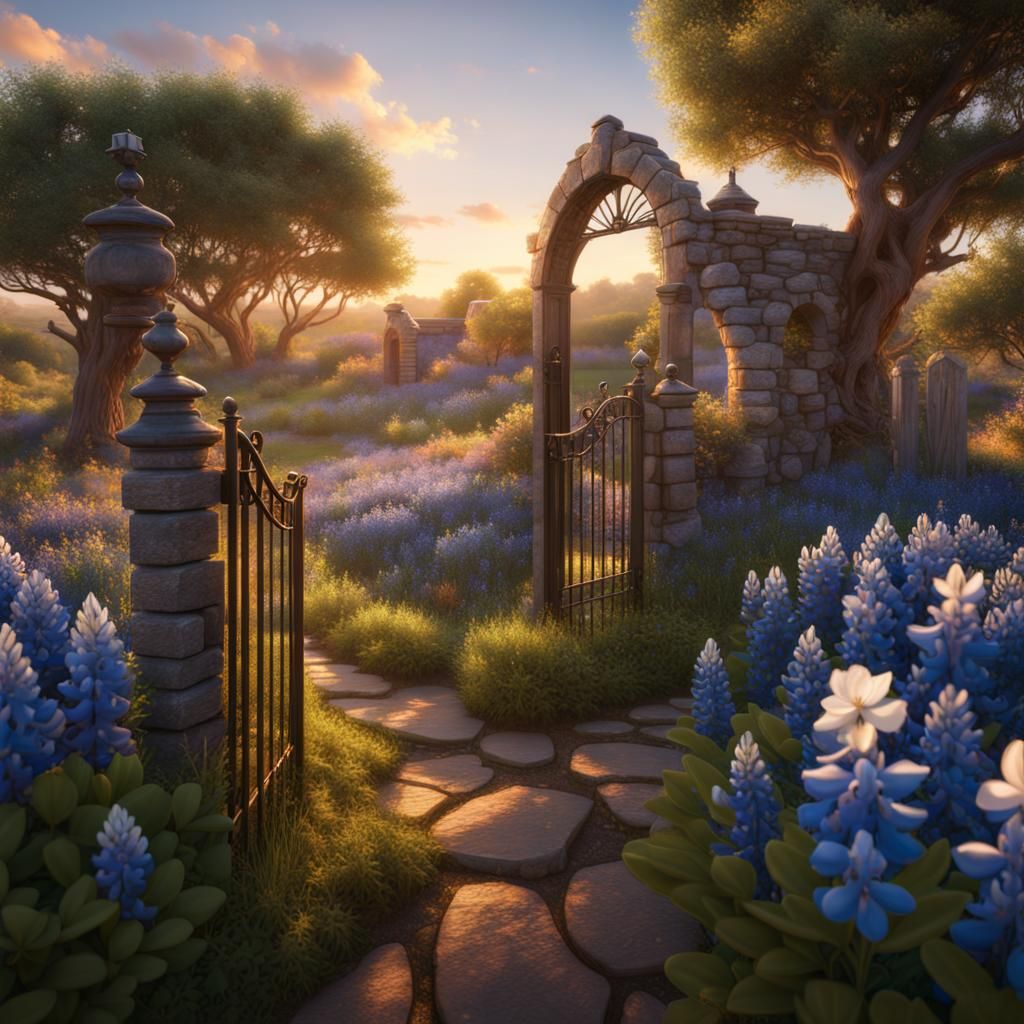 Bluebonnet Garden at Golden Hour in Matte Painting Style
