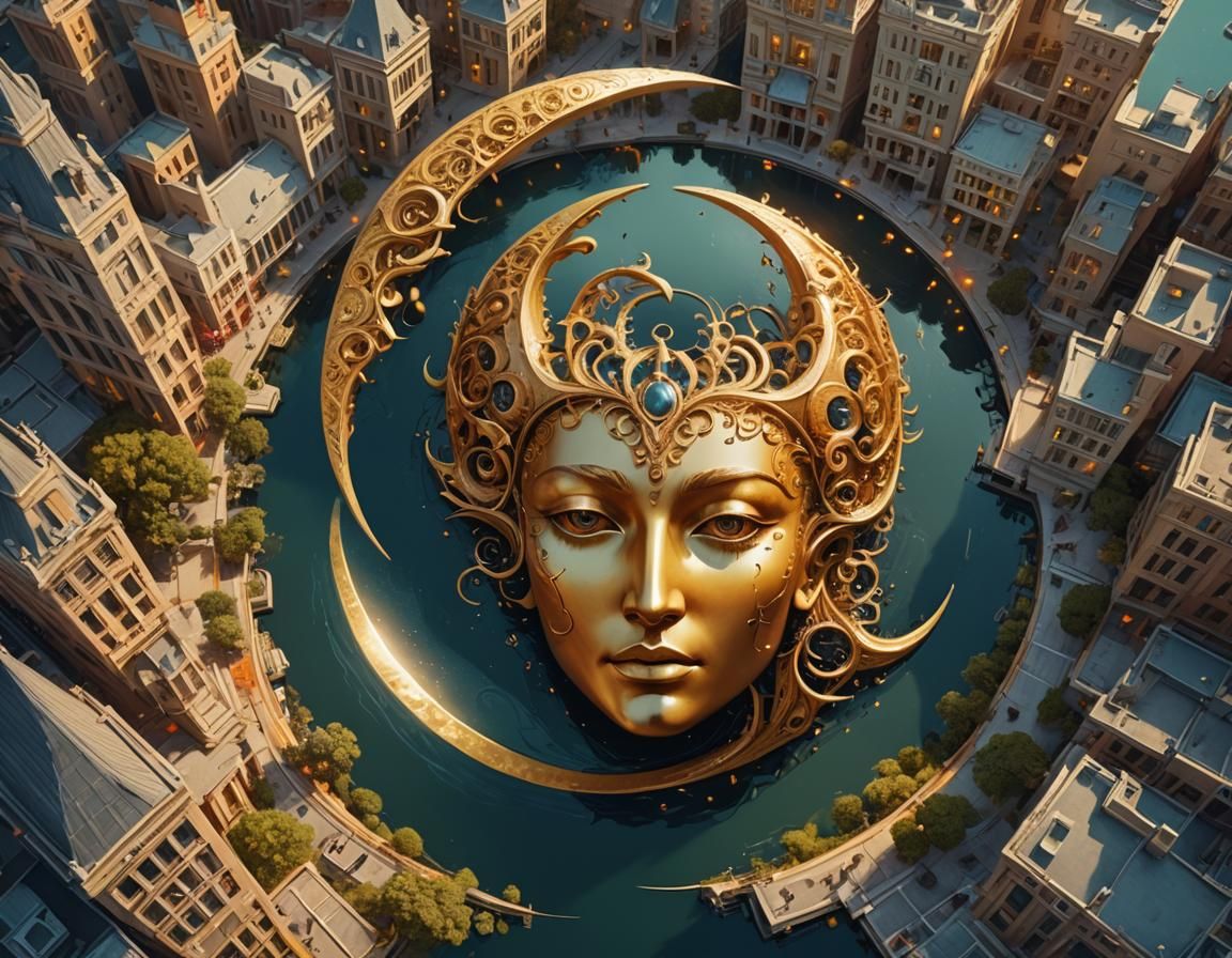 Dreamlike Moon Head Over Whimsical Cityscape