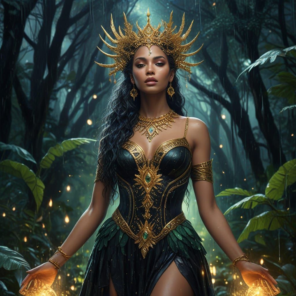 Goddess Nemesis in Starry Rainforest: Fantasy Concept Art