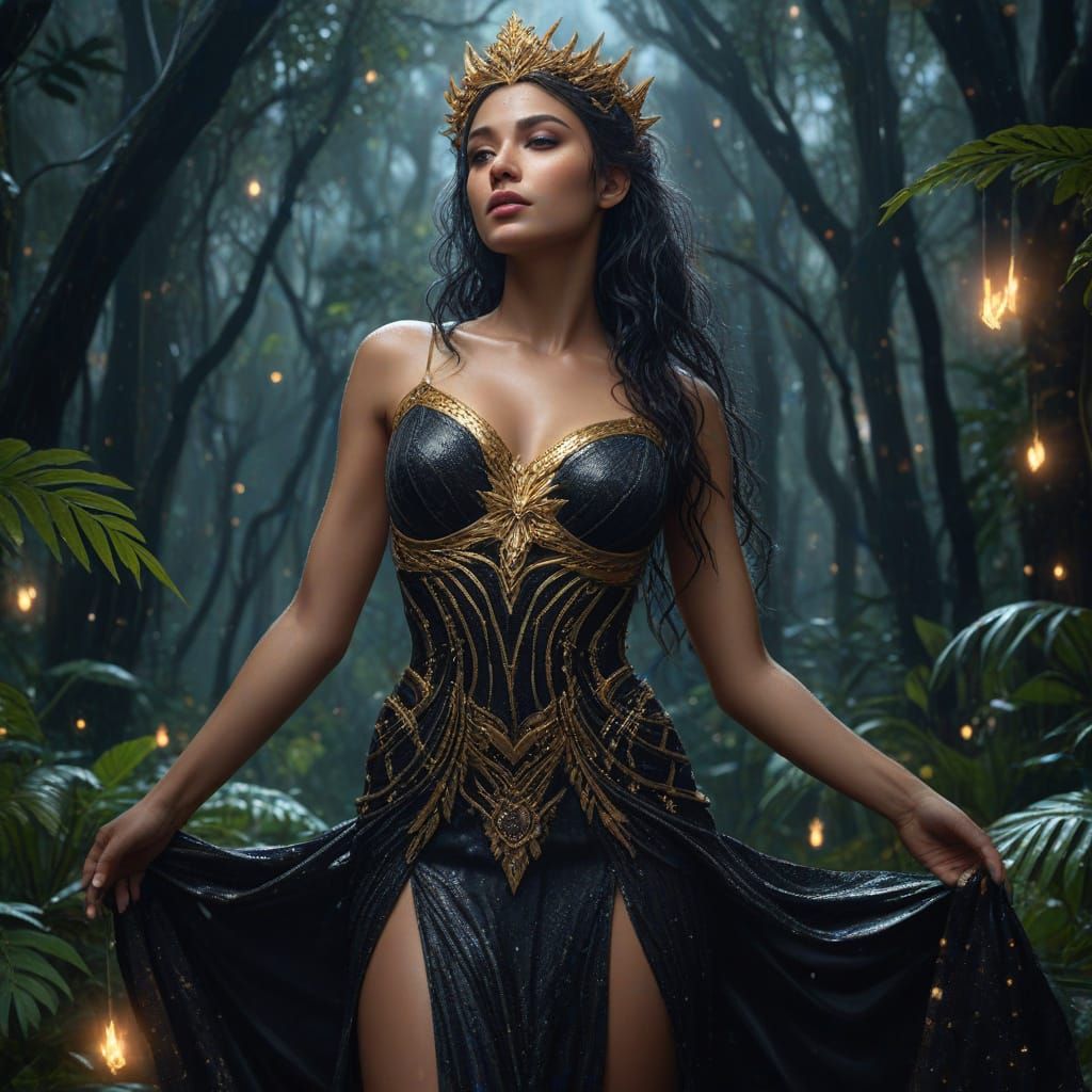 Goddess Nemesis in Rainforest: Hyper-Realistic Oil Painting