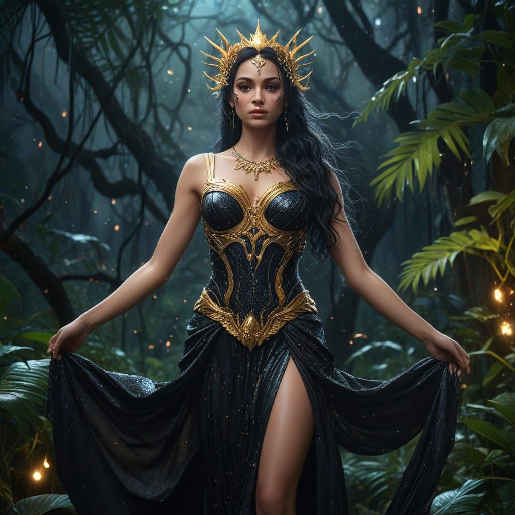 Goddess Nemesis in a Magical Rainforest at Night