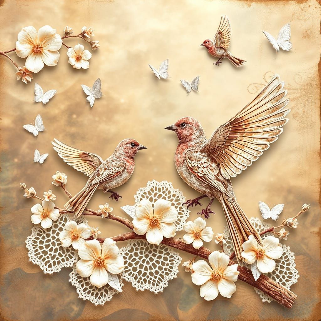 Dreamy Lace Birds Collage Art