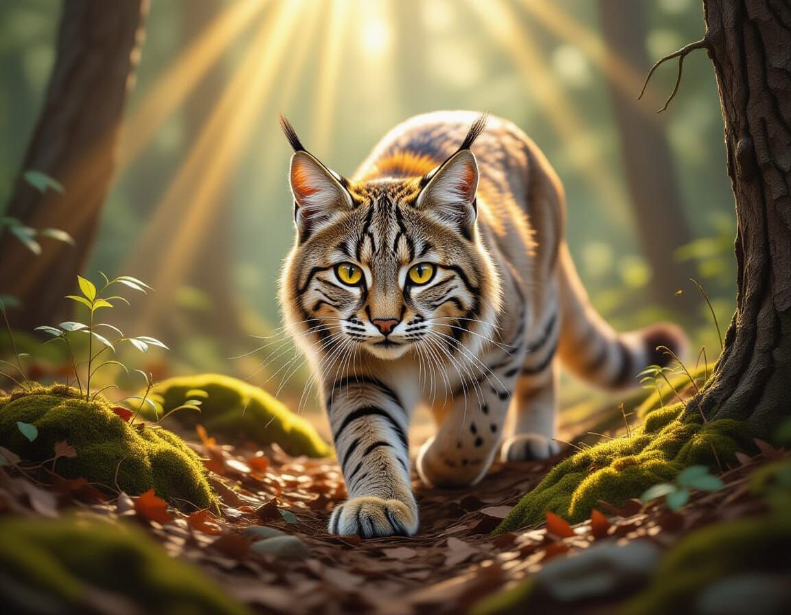 Majestic Bobcat Stalking Through Sunlit Forest