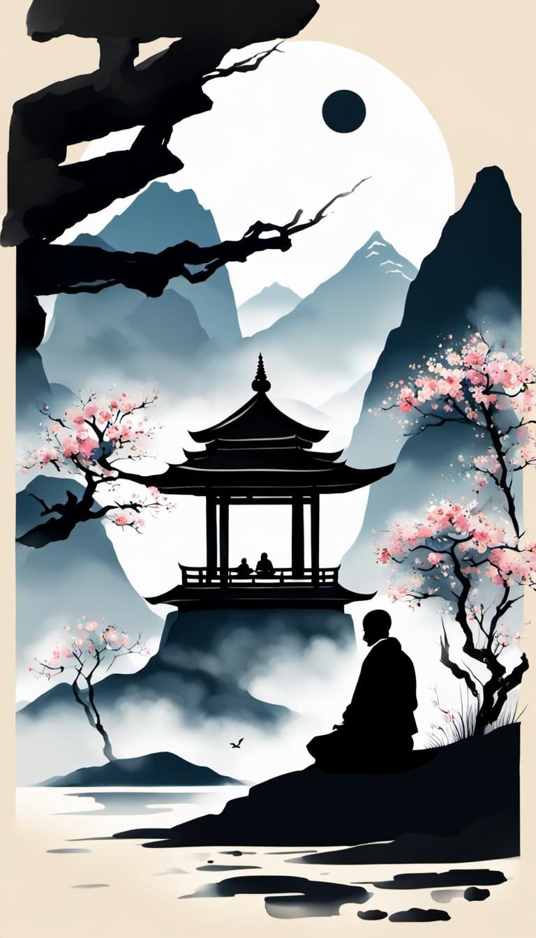 Minimalist Ink Painting of Meditating Monk