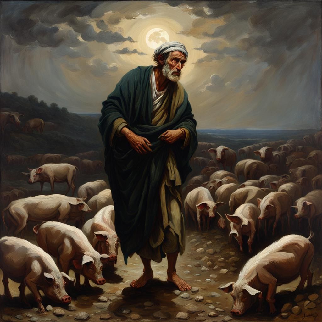 Distressed Man Crawling Under Moonlight as Oil Painting