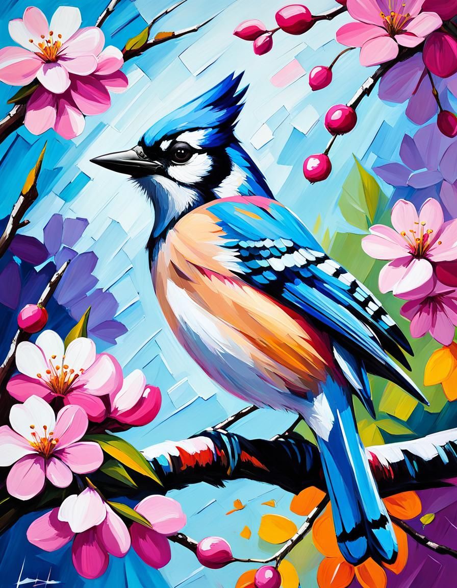 Blue Jay in Cherry Tree: Impressionist Oil Painting