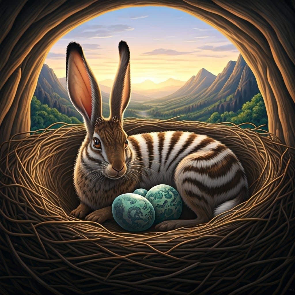 Jackalope Doe with Her Precious Eggs in a Sunset Valley