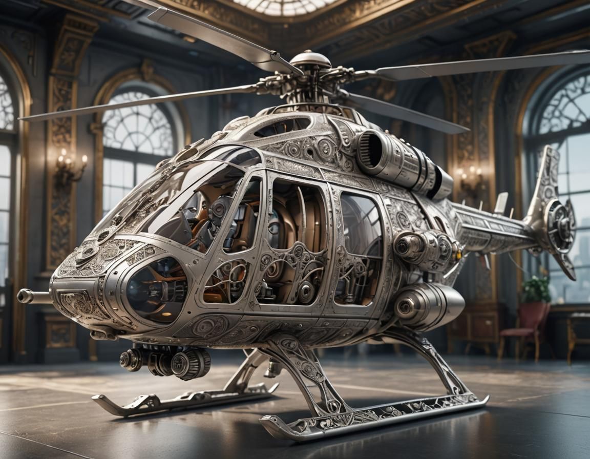 Futuristic 24th Century Helicopter Concept in Silver Filigre...