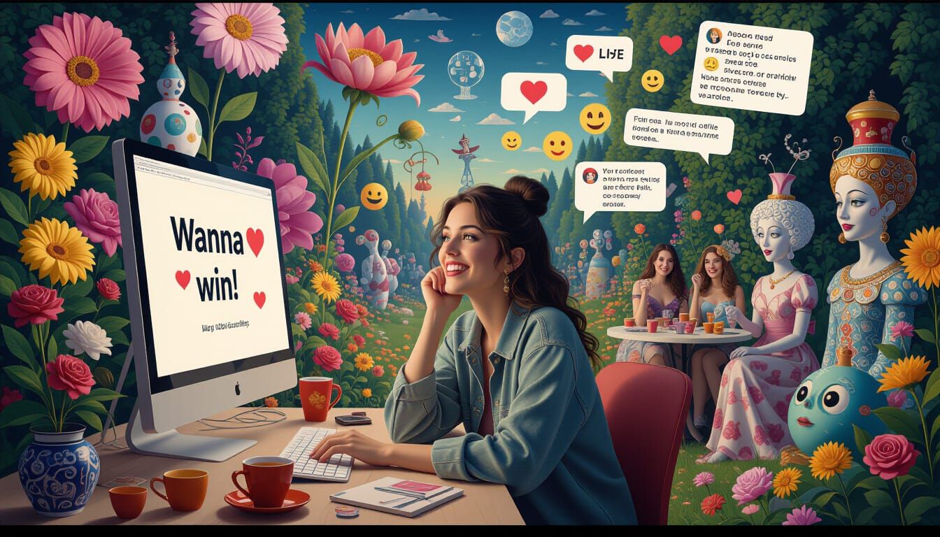 Surreal Garden Party Dream with Tired Woman