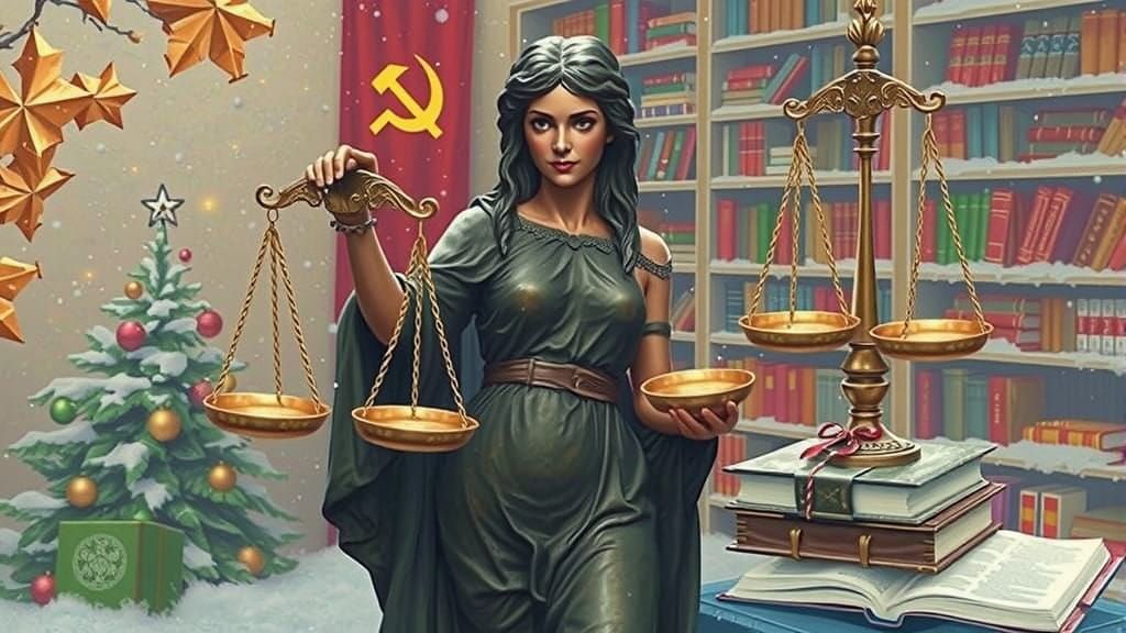 Blindfolded Goddess of Justice Weighs Prosperity and Knowled...