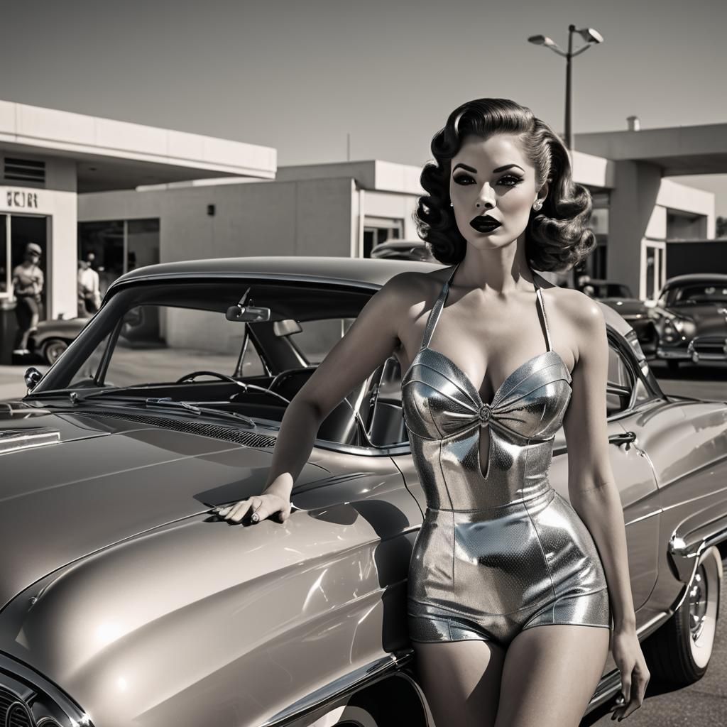 Retro Pin-Up Girl with Classic Car
