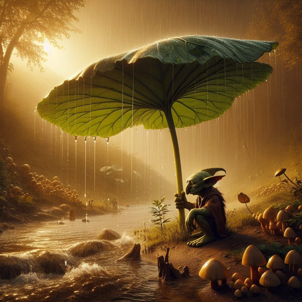 Goblin Amidst Golden Hues in a Tranquil, Rainy Landscape