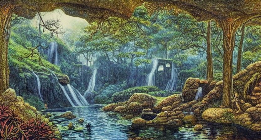 Fantasy Cavern with Waterfall and Forest Stairway