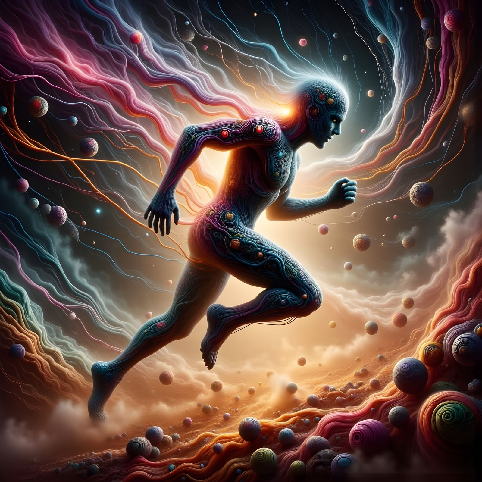 Human Running Through Surreal Cosmos in Vivid Colors