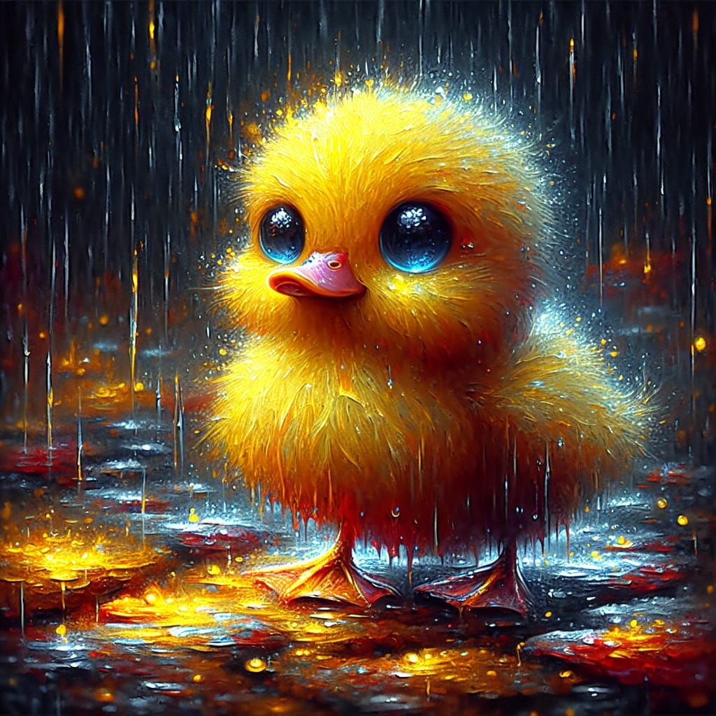 Cute Duckling in Rain, Impasto Digital Painting
