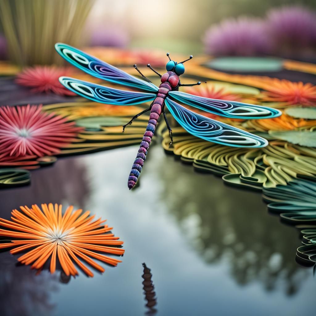 Colorful Dragonfly Over Pond in Fractal Paper Style