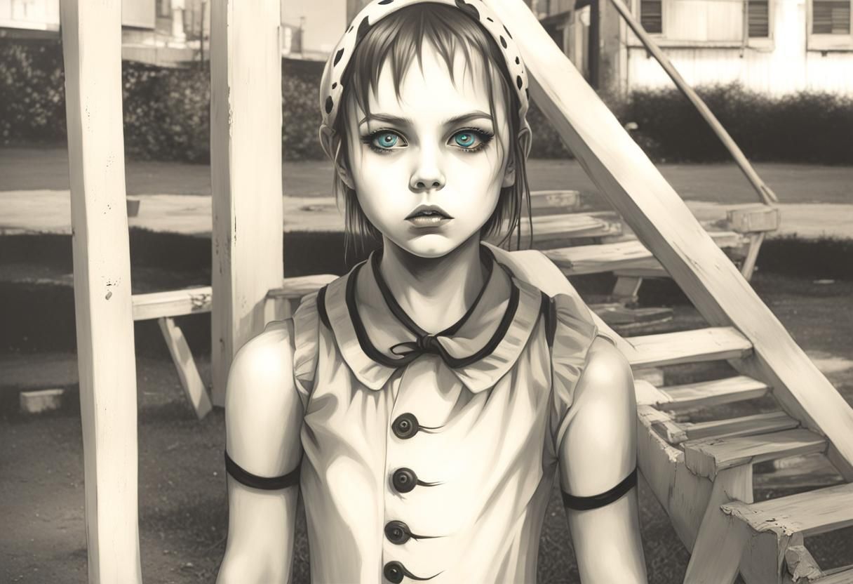 Creepy 50s Girl at Playground in Vintage Horror Style