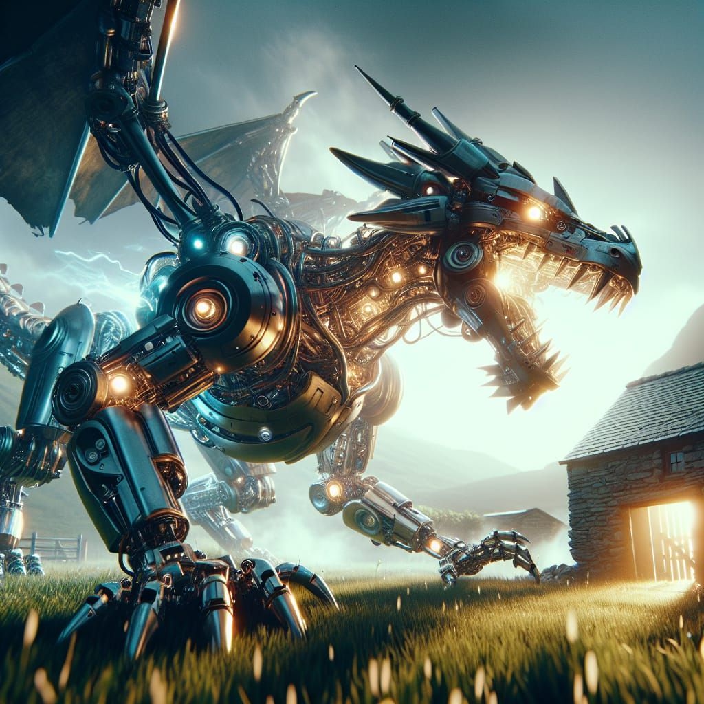 Robotic Dragon Attacks Country House: Sci-Fi Realism