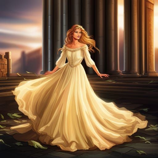Princess in Golden Gown in Castle Ruins