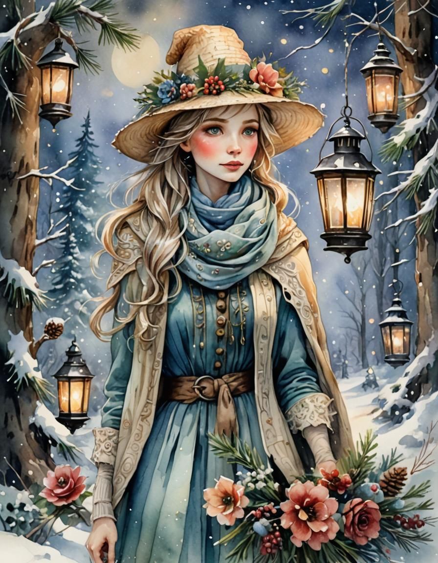 Snow Queen in Winter Wonderland: Watercolor Fantasy Art