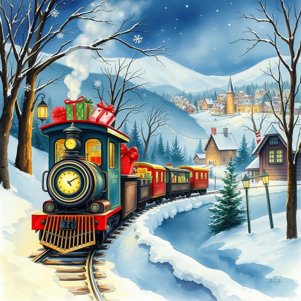 Train Chugging Along Winter Wonderland in Watercolor Style