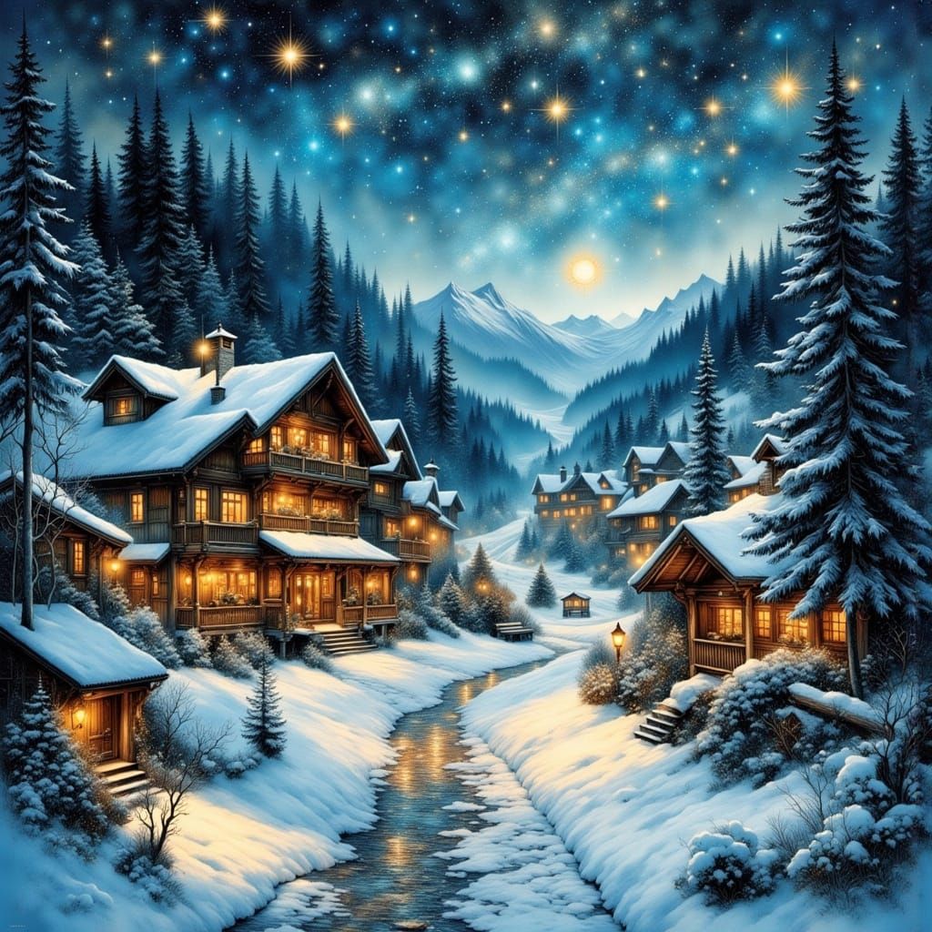 Holographic Astral Village in Snowy Alps