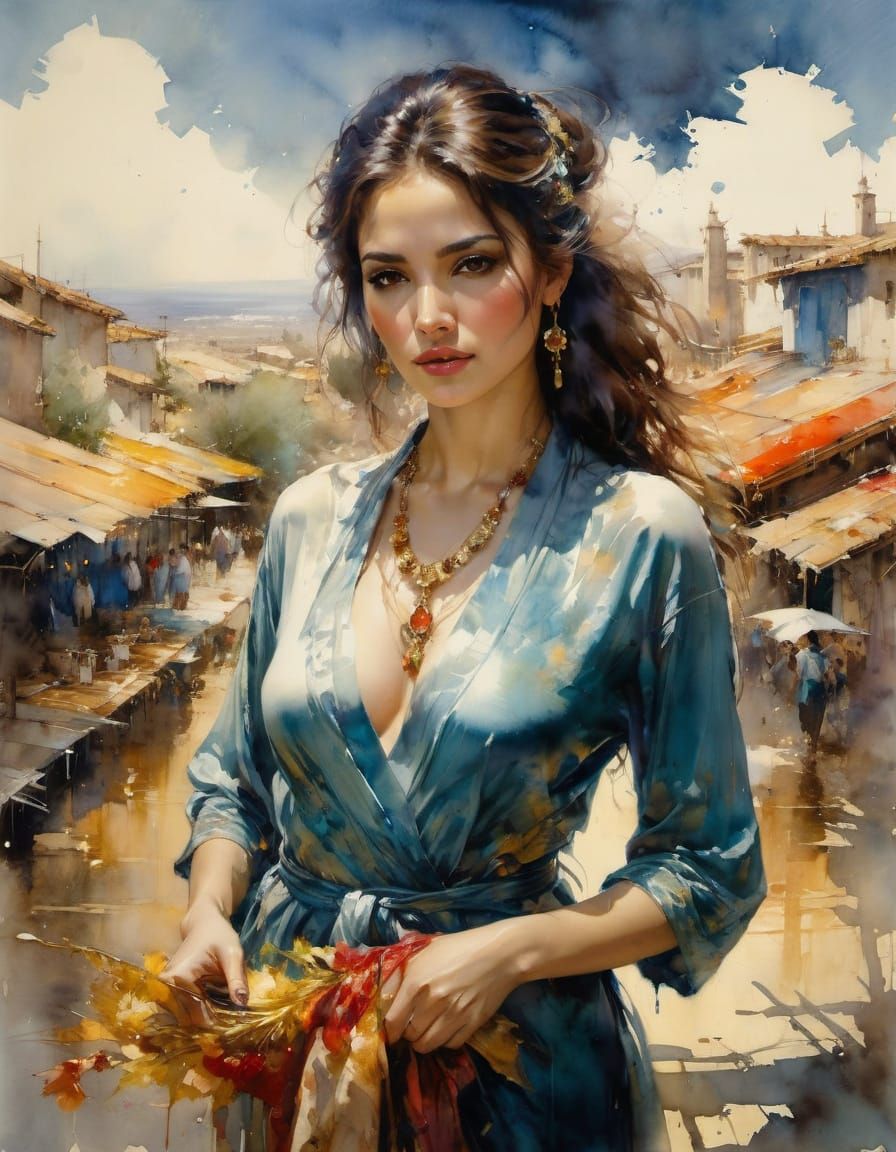 Watercolor Portrait of Latina Woman in Silk Robe