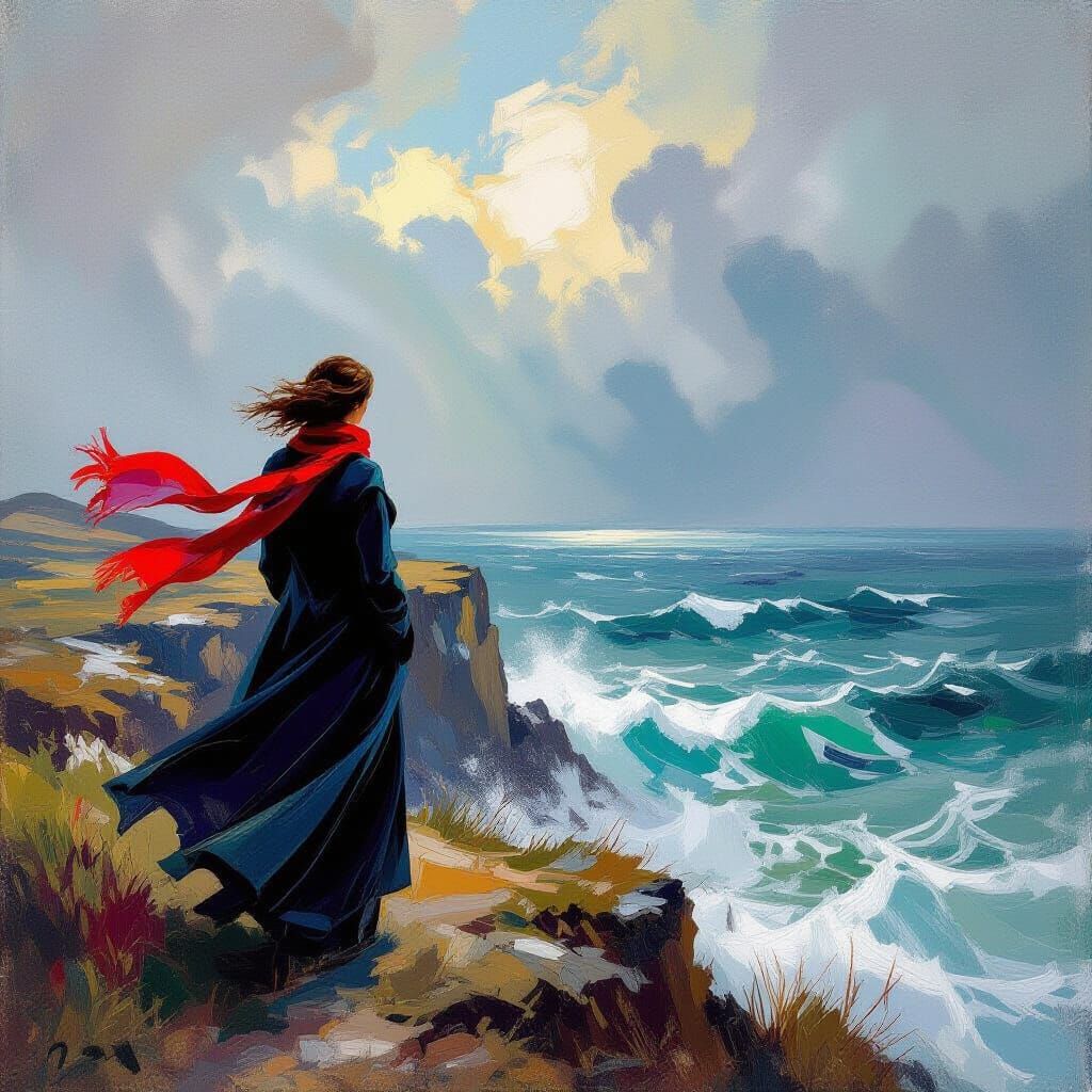 Woman on Windswept Cliff Overlooking Stormy Ocean in Express...