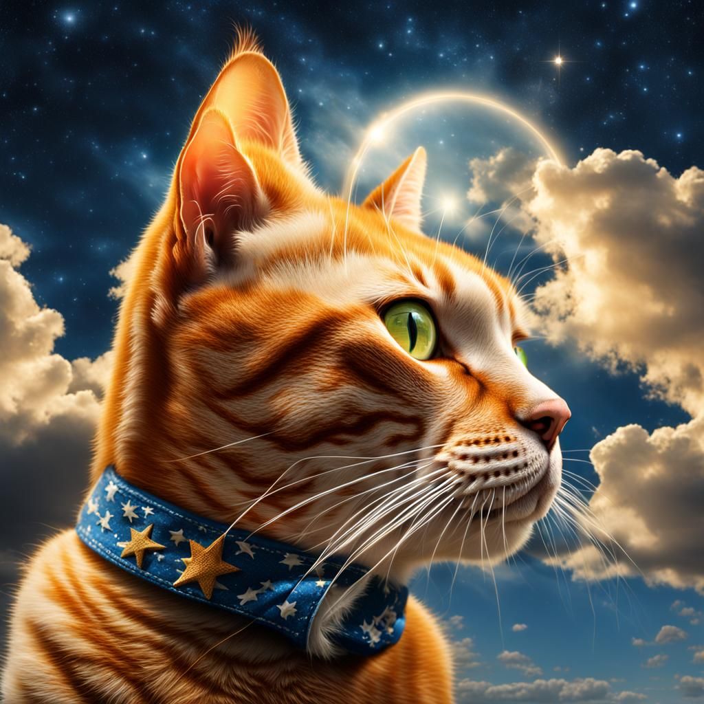 Ginger Cat Among Clouds and Stars