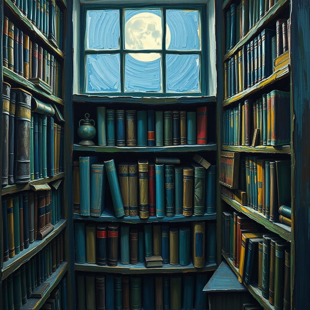Moonlit Library Shelf in Impasto Style