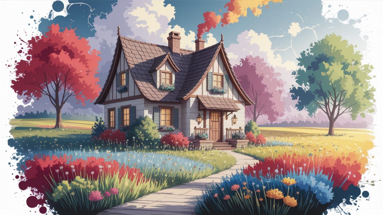 Whimsical Watercolor Cottage in Wildflower Meadow