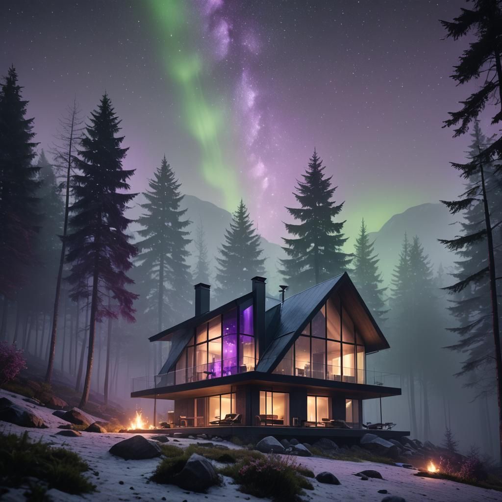 Minimalist Mountain Cottage in Misty Forest, Digital Matte P...