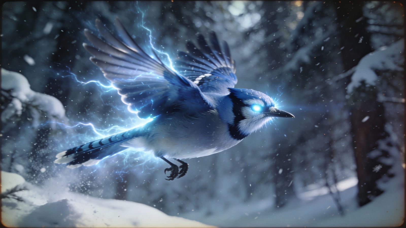 Bluejay in Snowy Forest Blizzard Cinematic Style