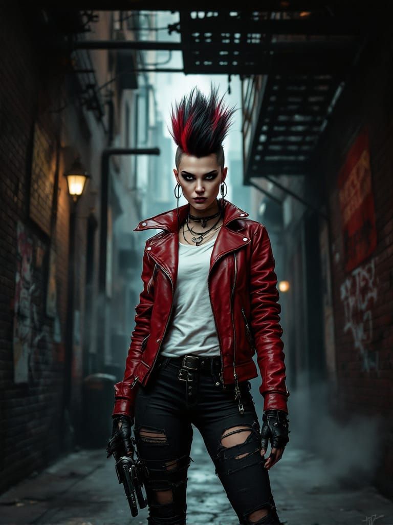 Punk Woman with Mohawk in Gritty Alleyway