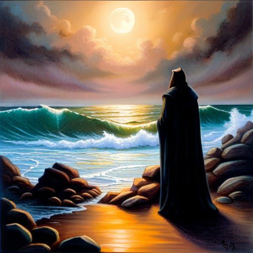 Mysterious Figure by Misty Ocean in Luminist Style