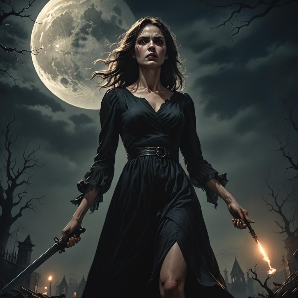 Woman in Black Dress Seeking Revenge in Dark Fantasy