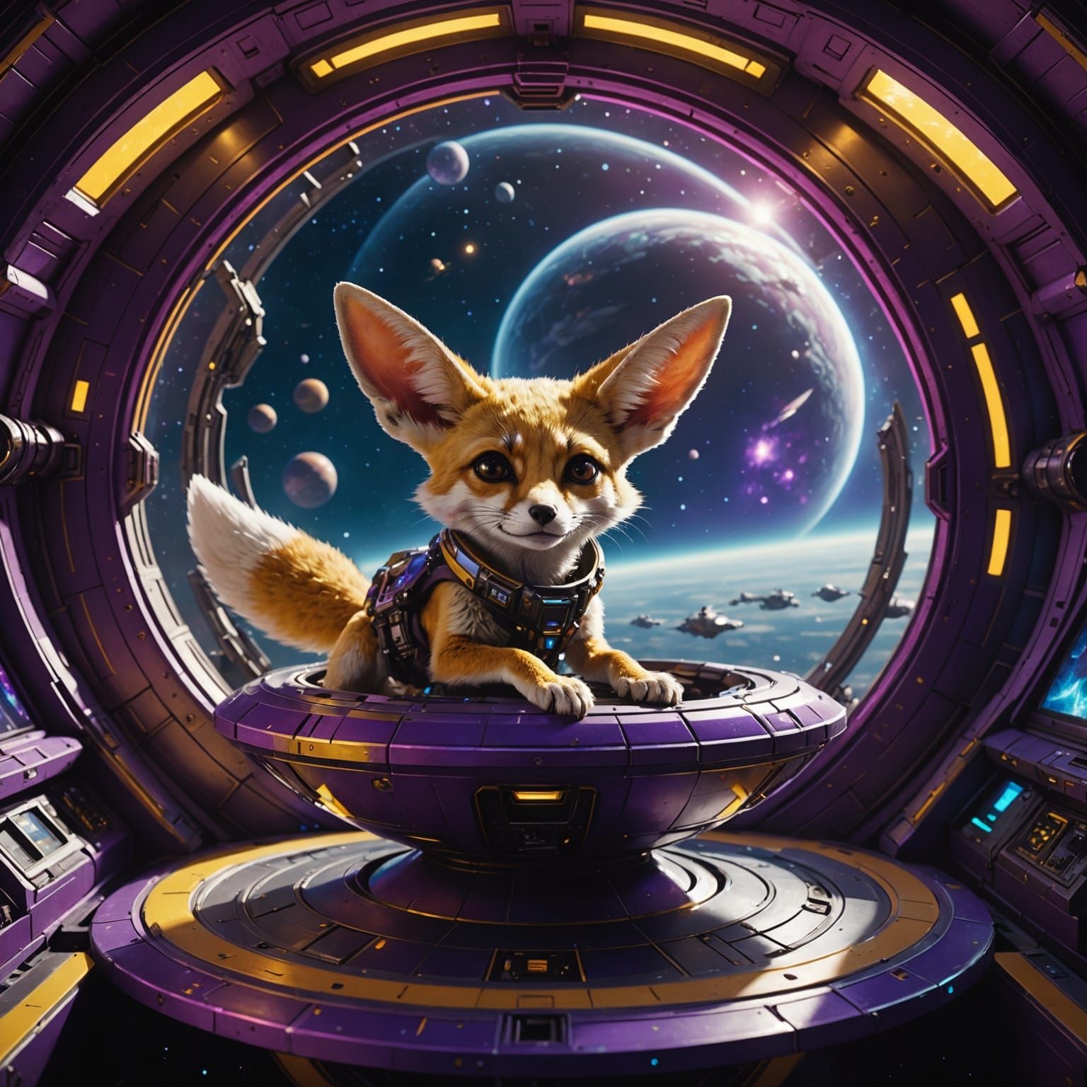 Fennec Fox Soars Through Cosmic Vastness in Cyberpunk Style...