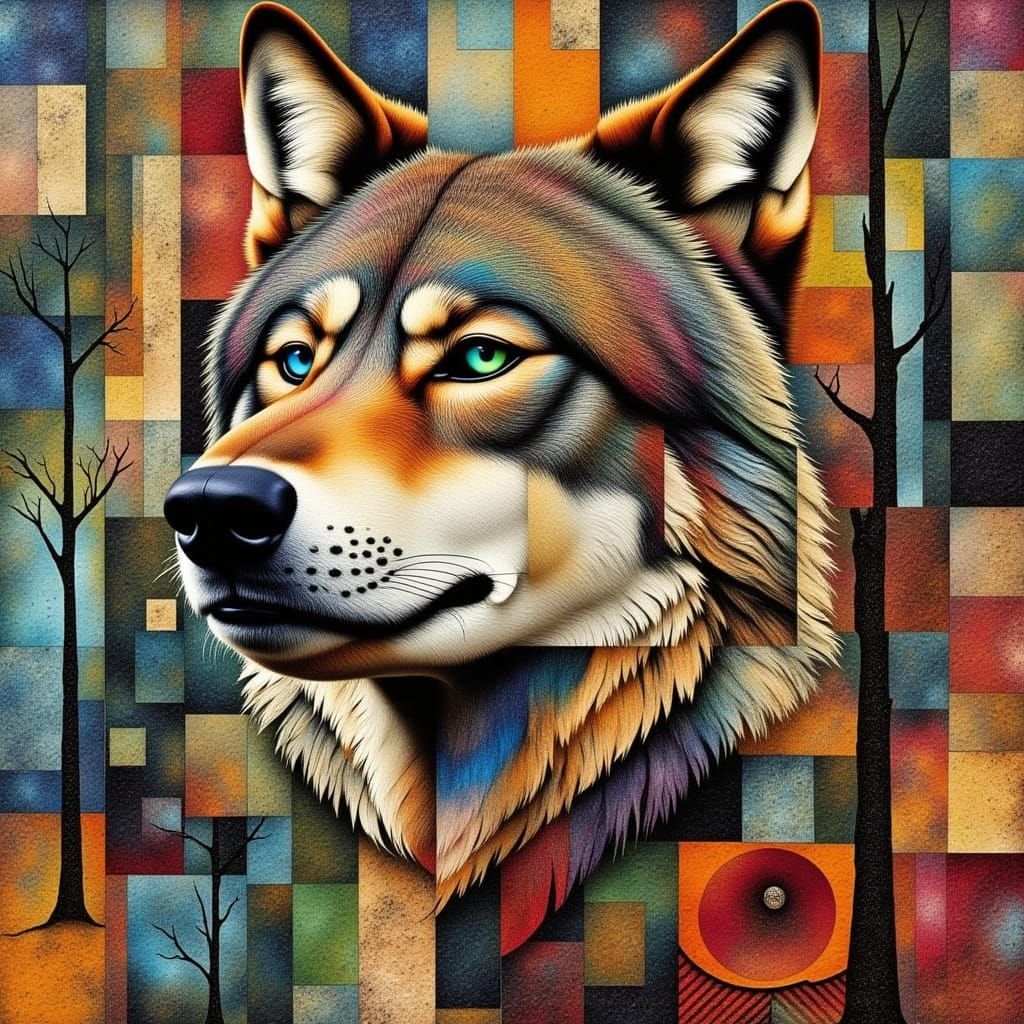 Textured Mixed Media Collage Wolf Art