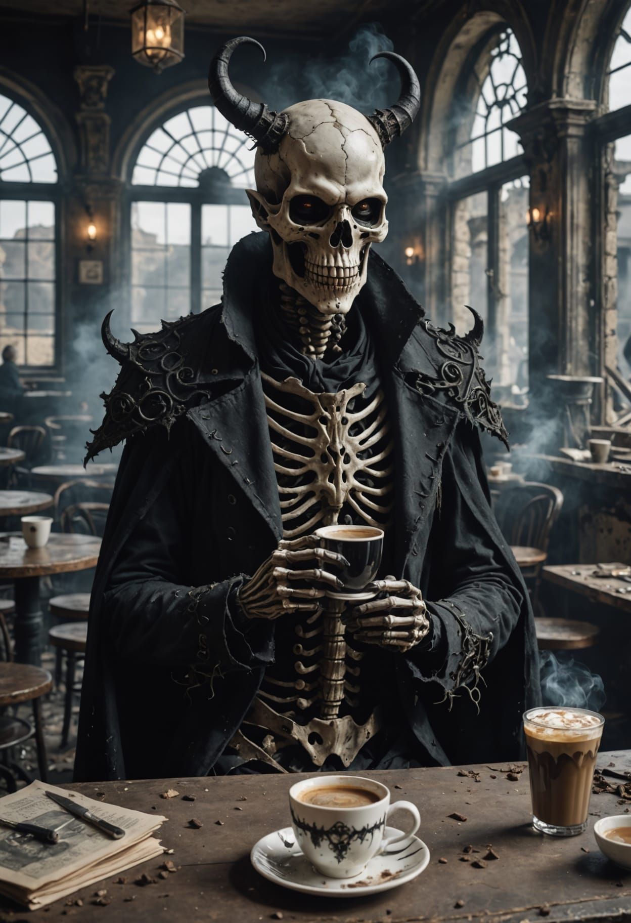Gothic Smoke Demon Sips Coffee in Ruined Cafe