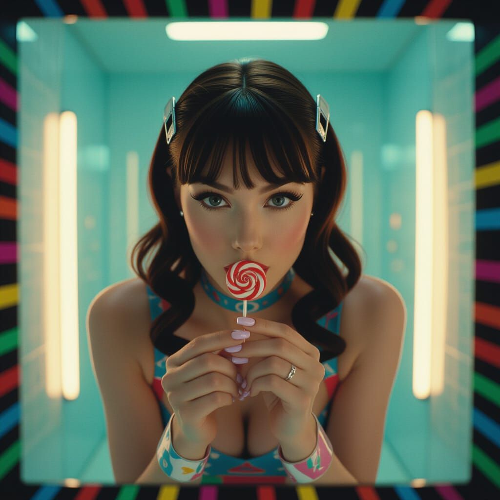 Shy Woman with Lollipop in Change Room Cinematic Film Still