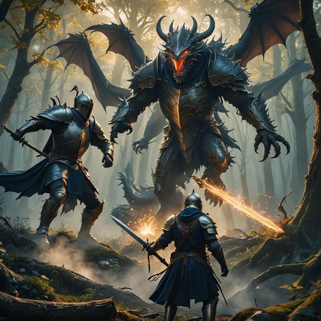 Knight and Dragon Battle in Mystical Forest