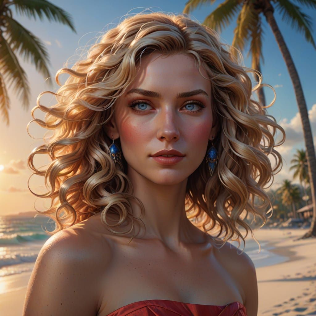 Hyper-Realistic Beach Goddess in Vibrant Sunset Glow