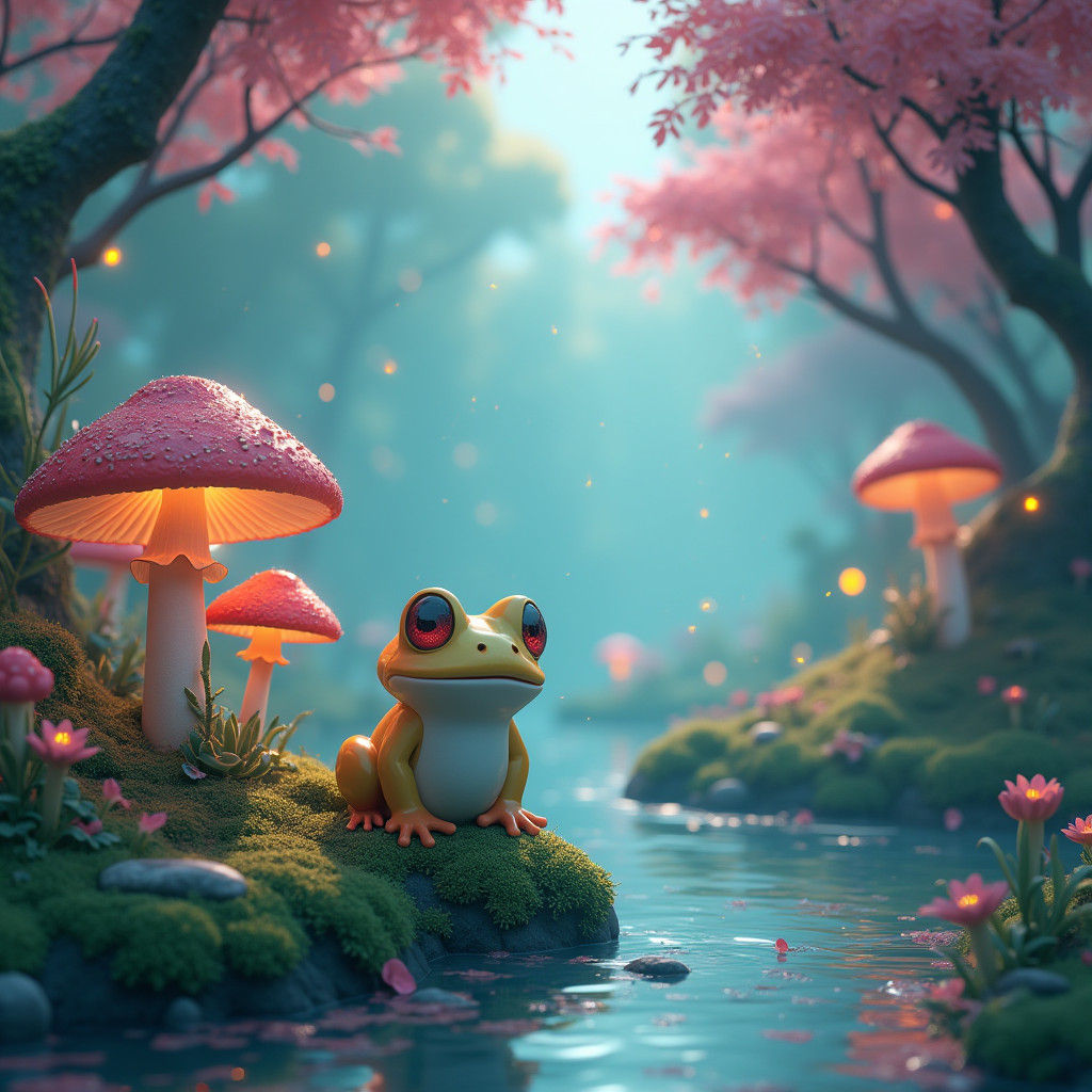 Lush Pink and Green Forest with Chibi Frog