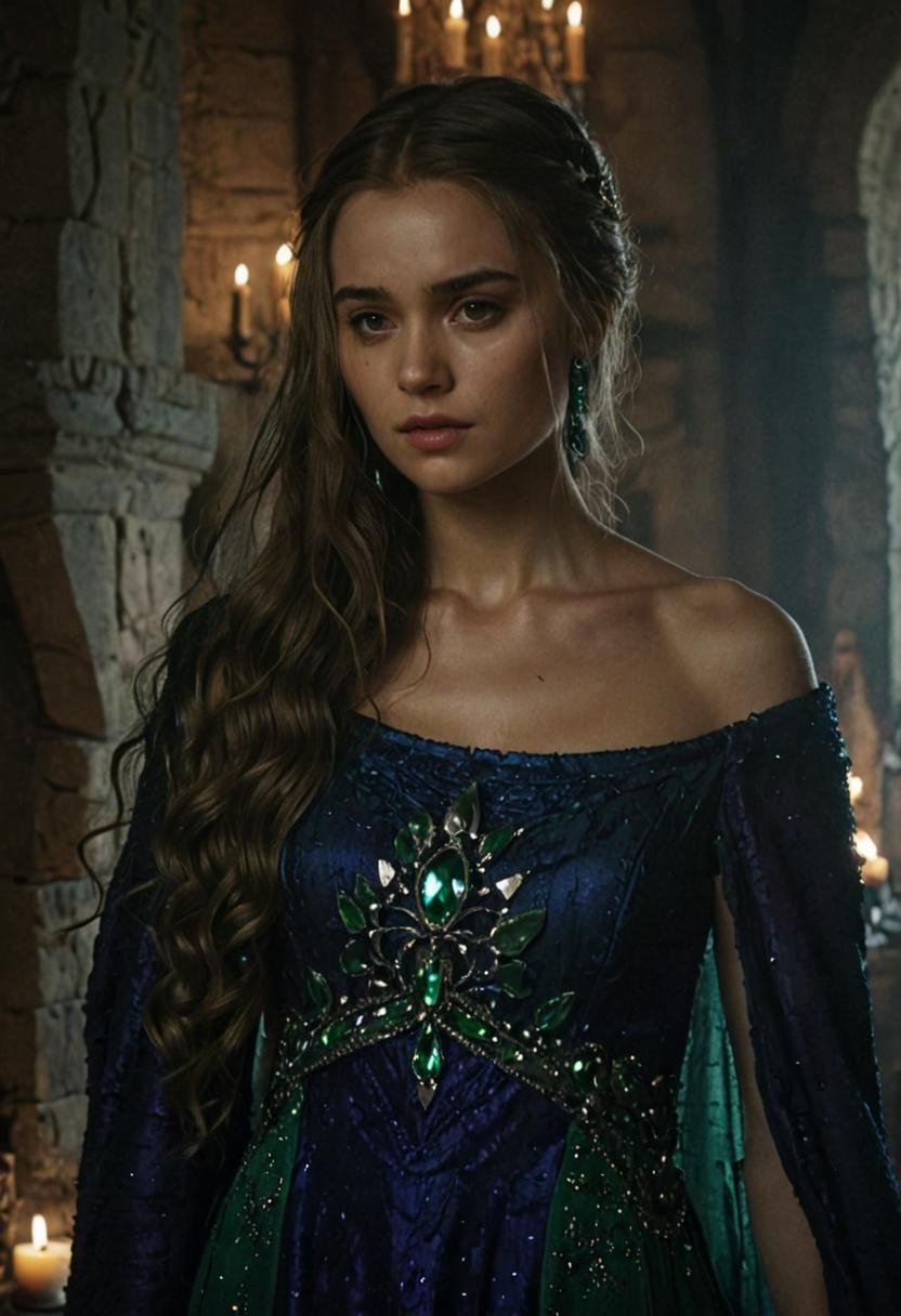 Beautiful Lady in Damaged Medieval Hall