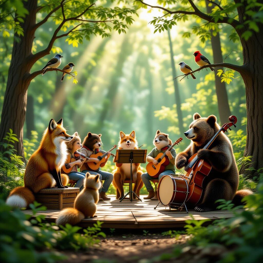 Woodland Creatures Perform Lively Concert in Sunlit Forest