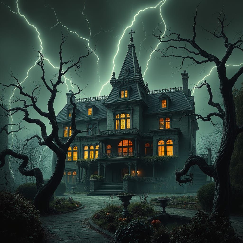 Spooky Mansion in a Lightning Storm