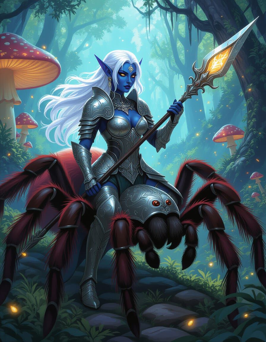 Dark Elf Rider on Giant Tarantula in Magical Forest