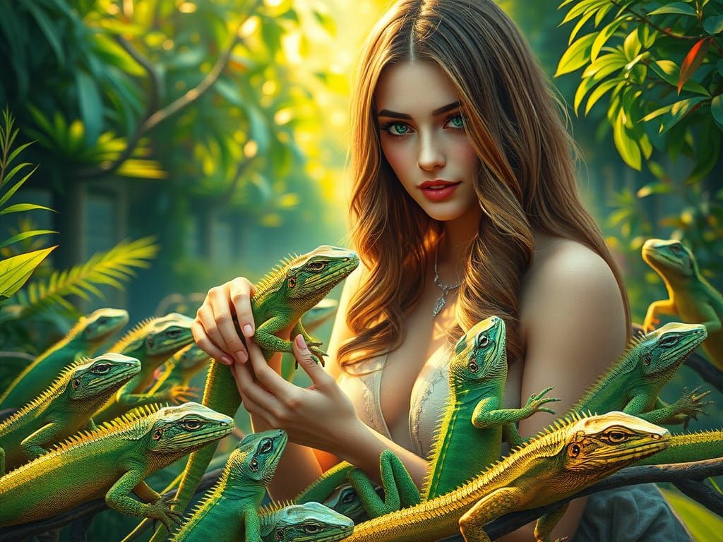 Whimsical Woman Enchants Majestic Lizards in an Enchanted Co...