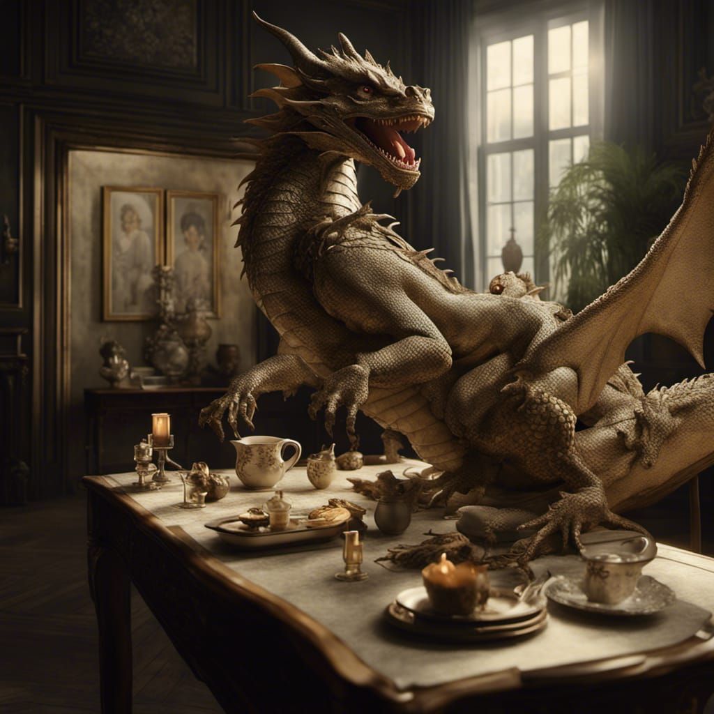 Missy and Dragons in Ornate House, Hyperrealistic 8k Render