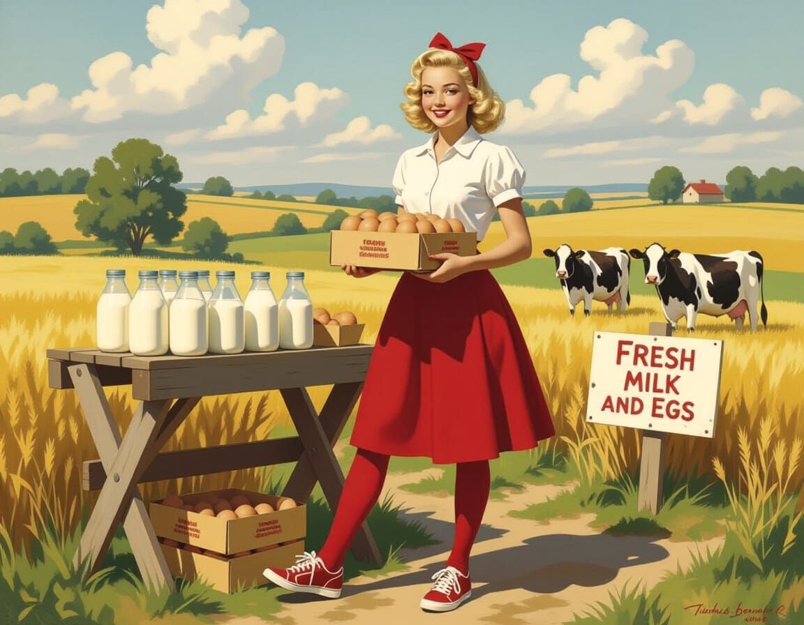 Farm Girl Selling Milk and Eggs: Oil Painting